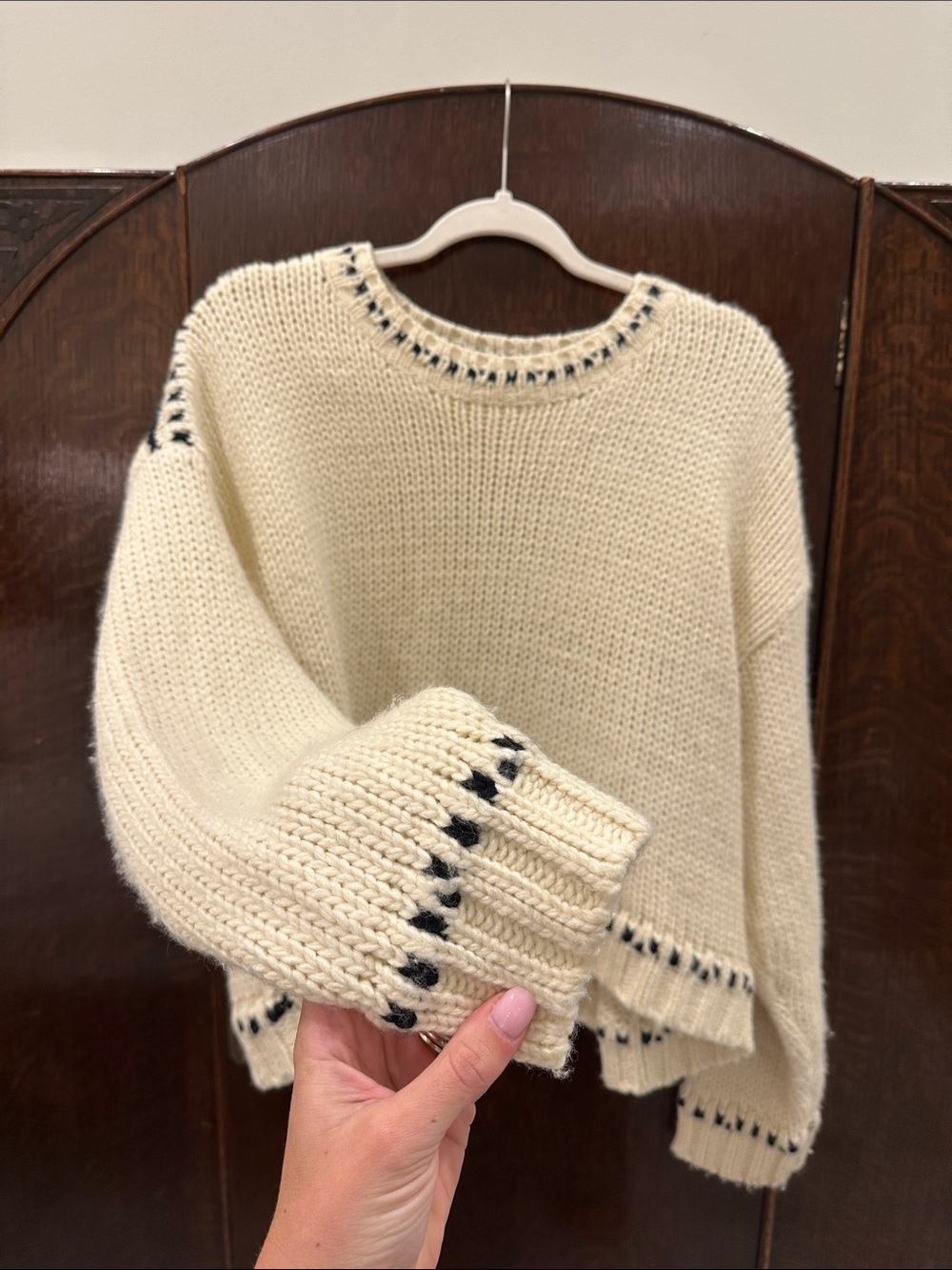 Cream Crewneck Sweater with Black Stitch Detail